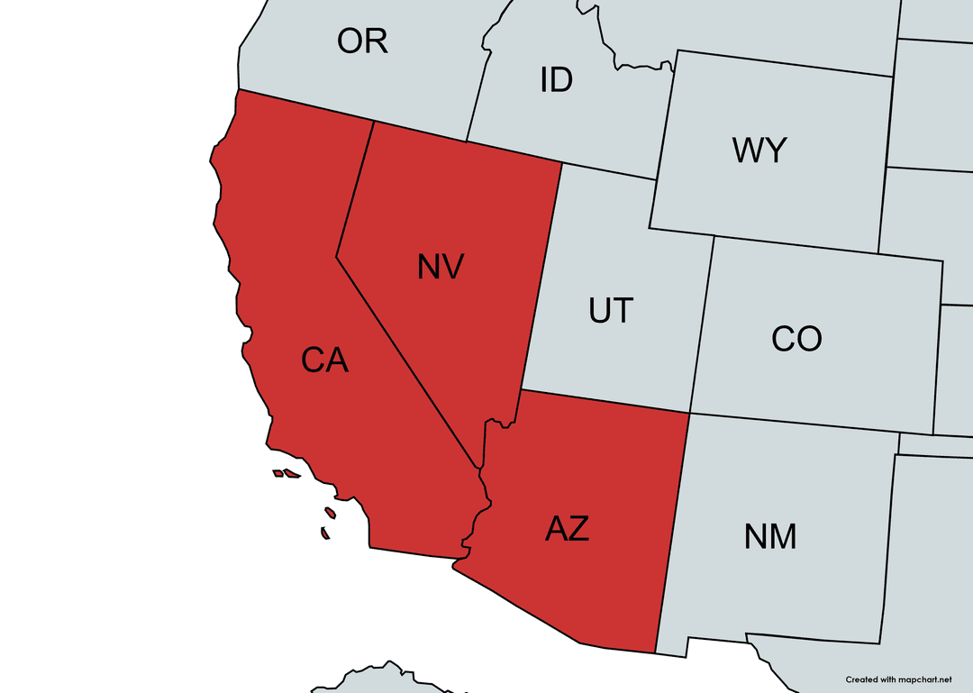 Map of Southern California, Arizona, and Nevada